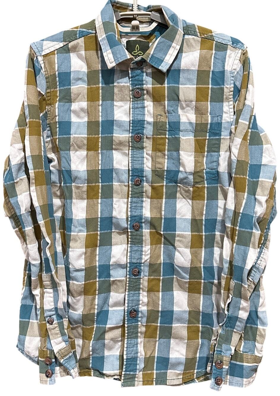 Prana Mens Shirt Size S Green Button Up Long Sleeve Organic Cotton Blend PILL